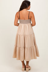 Beige Lace Up Smocked Bodice Tiered Maternity Midi Dress