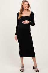 Black Square Neck Rib Long Sleeve Maternity Maxi Dress