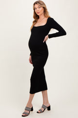Black Square Neck Rib Long Sleeve Maternity Maxi Dress