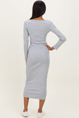 Heather Grey Square Neck Rib Long Sleeve Maxi Dress