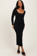 Black Scoop Neck Long Sleeve Midi Dress
