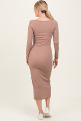 Mocha Scoop Neck Long Sleeve Midi Dress