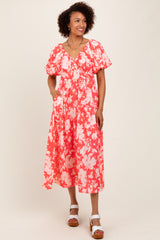 Coral Bubble Short Sleeve Maxi Dress W/ Side Pocket