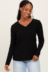 Black Ribbed Knit V-Neck Maternity Long Sleeve Top