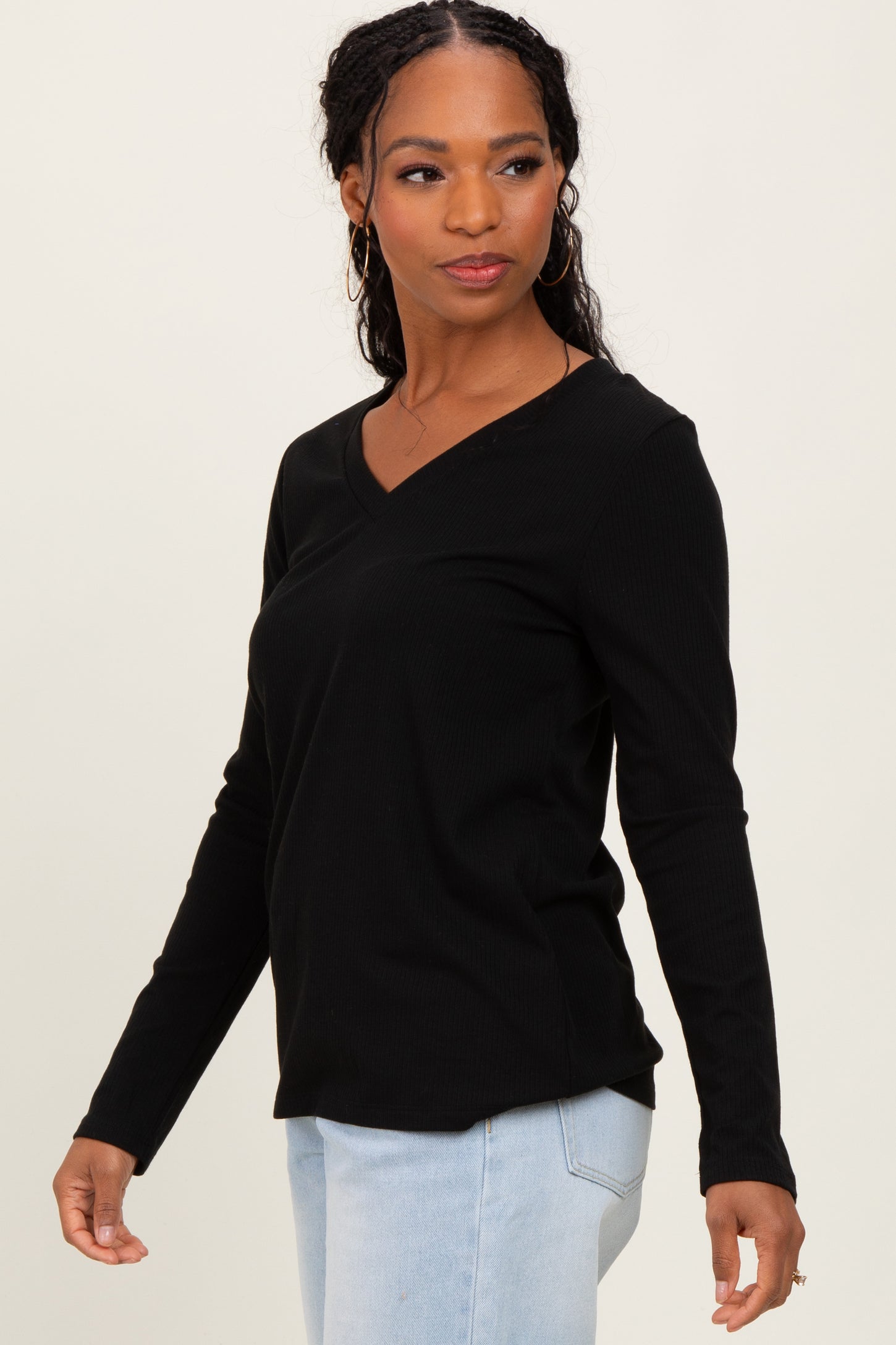 Black Ribbed Knit V-Neck Long Sleeve Top
