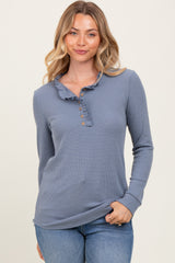 Blue Ruffle Collar Micro Waffle Knit Maternity Henley Top