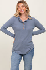 Blue Ruffle Collar Micro Waffle Knit Henley Top