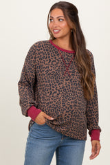 Brown Ribbed Animal Print Contrast Trim Maternity Pullover