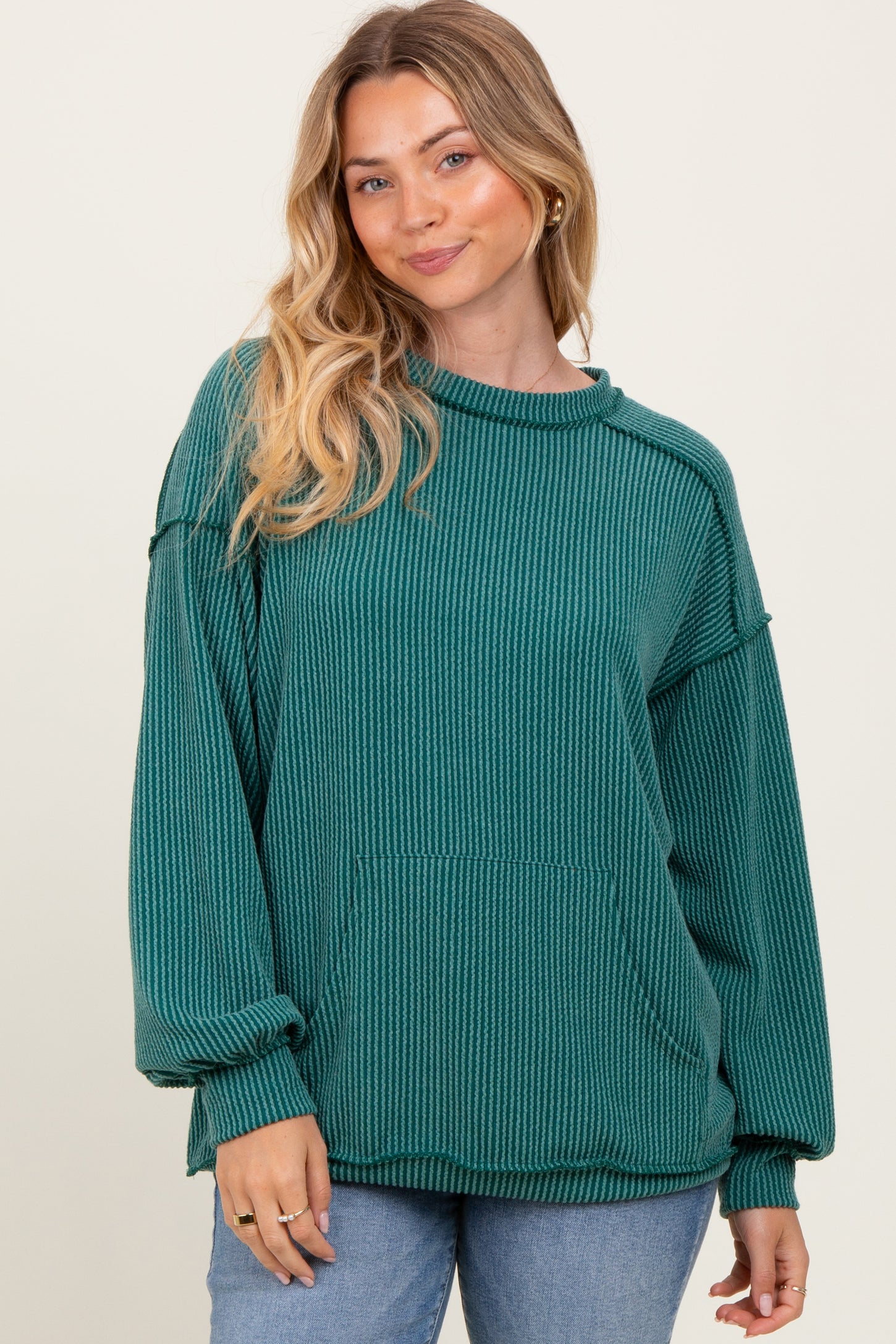 Forest Green Ribbed Knit Front Pocket Pullover