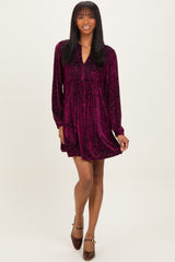 Burgundy Velvet Damask Print Long Sleeve Mini Dress