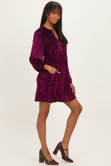 Burgundy Velvet Damask Print Long Sleeve Mini Dress