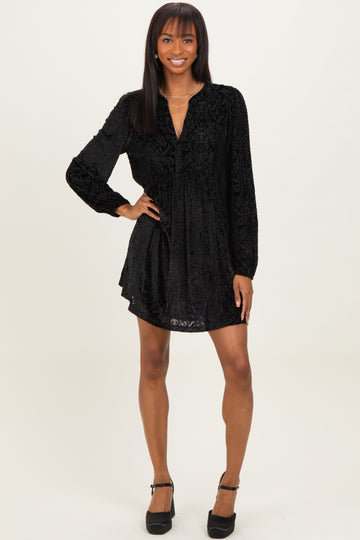 Black Velvet Damask Print Long Sleeve Mini Dress