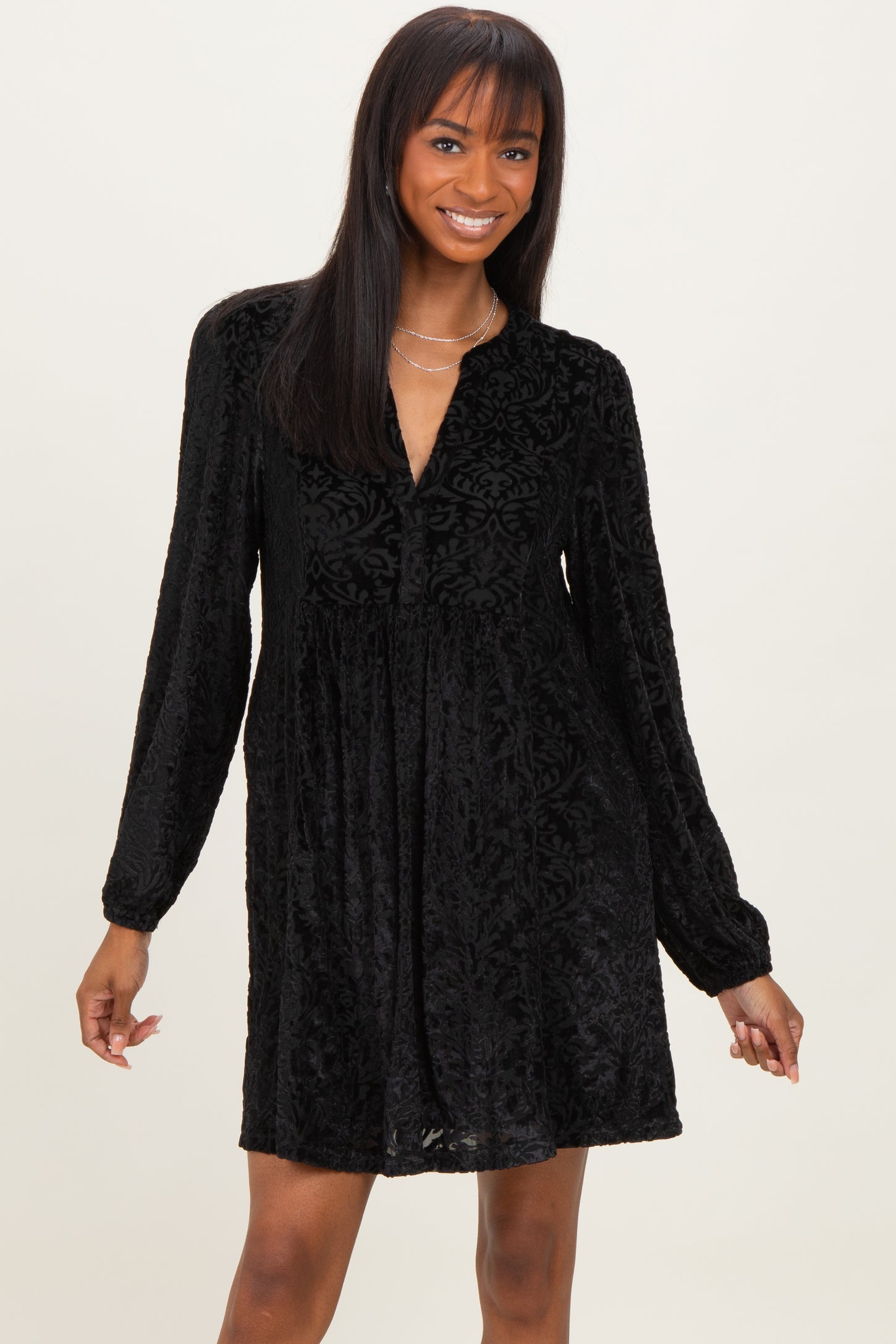 Black Velvet Damask Print Long Sleeve Mini Dress