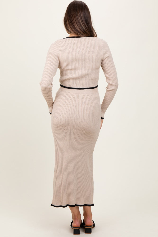 Cream Contrast Bow Ribbed Knit Crop Top And Midi Skirt Maternity Set