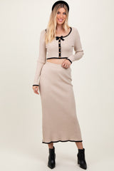 Cream Contrast Bow Ribbed Knit Crop Top And Midi Skirt Set