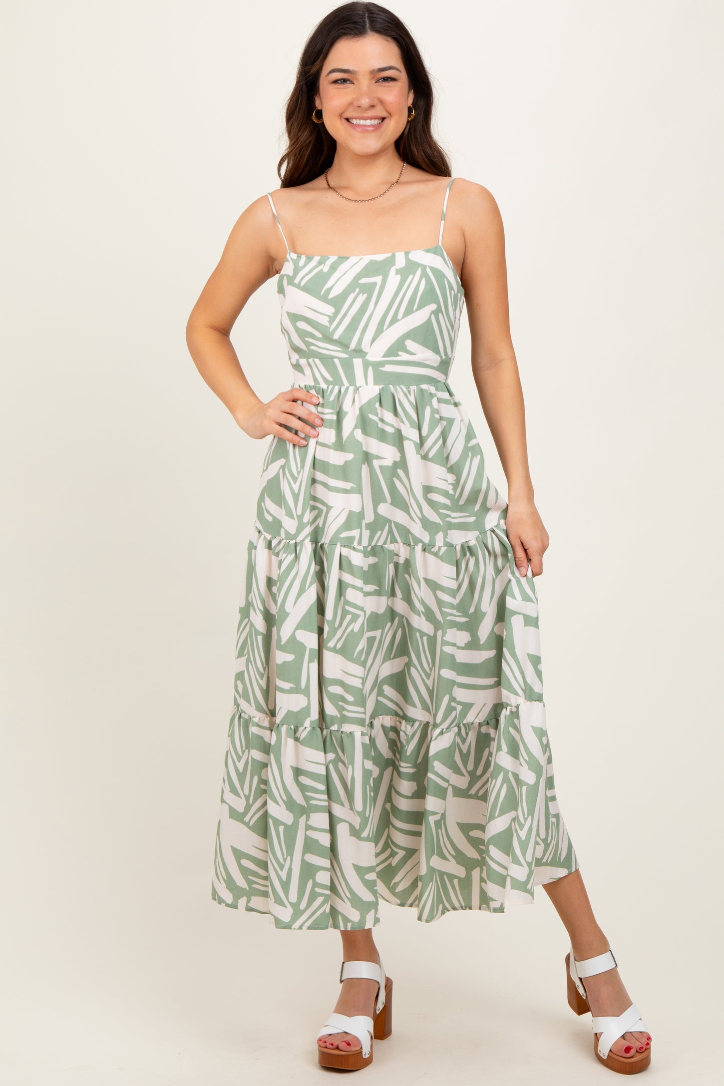 Light Olive Printed Cutout Tie Back Tiered Maternity Midi Dress