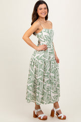 Light Olive Printed Cutout Tie Back Tiered Midi Dress