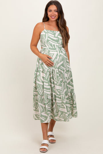 Light Olive Printed Cutout Tie Back Tiered Maternity Midi Dress