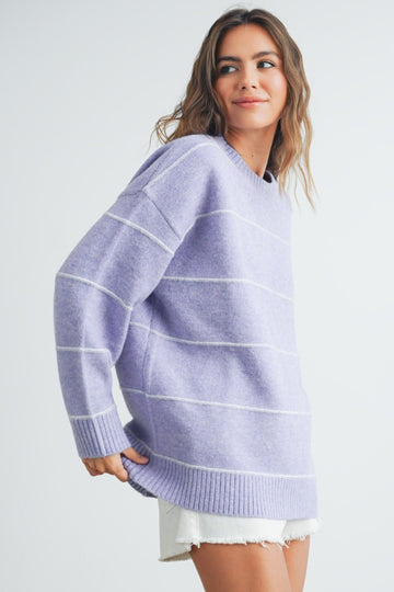 Lavender Striped Drop Shoulder Sweater
