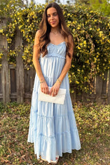 Light Blue Shirred Bust Ruffle Tiered Maxi Dress