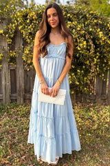 Light Blue Shirred Bust Ruffle Tiered Maxi Dress