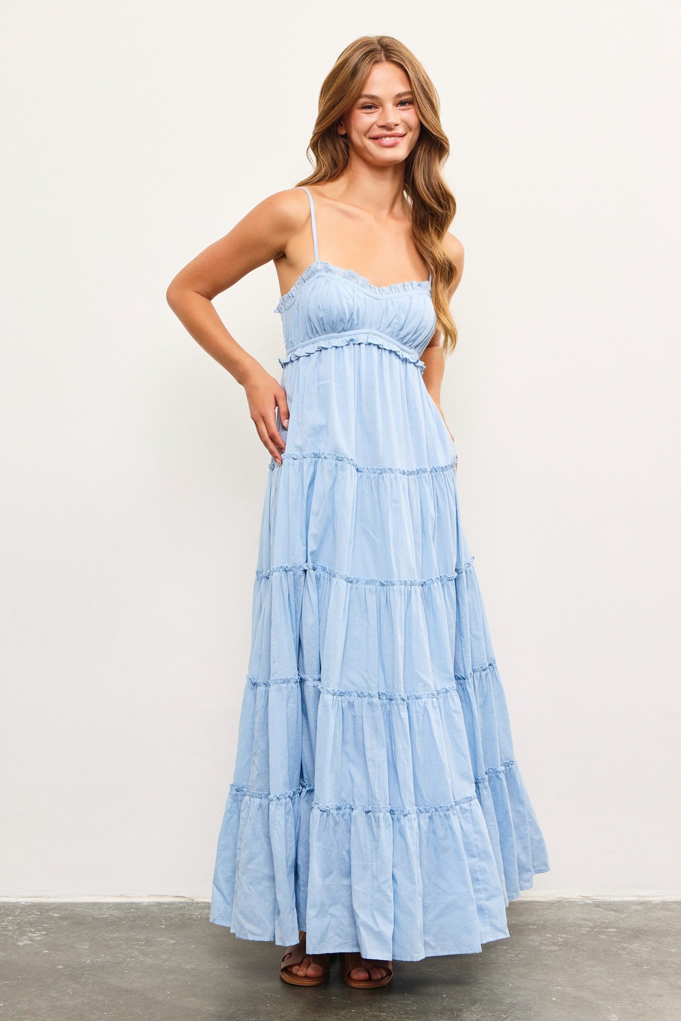 Light Blue Shirred Bust Ruffle Tiered Maxi Dress