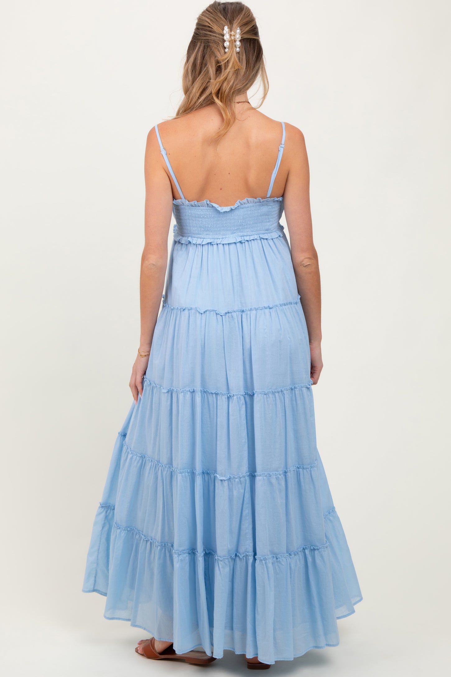Light Blue Shirred Bust Ruffle Tiered Maternity Maxi Dress