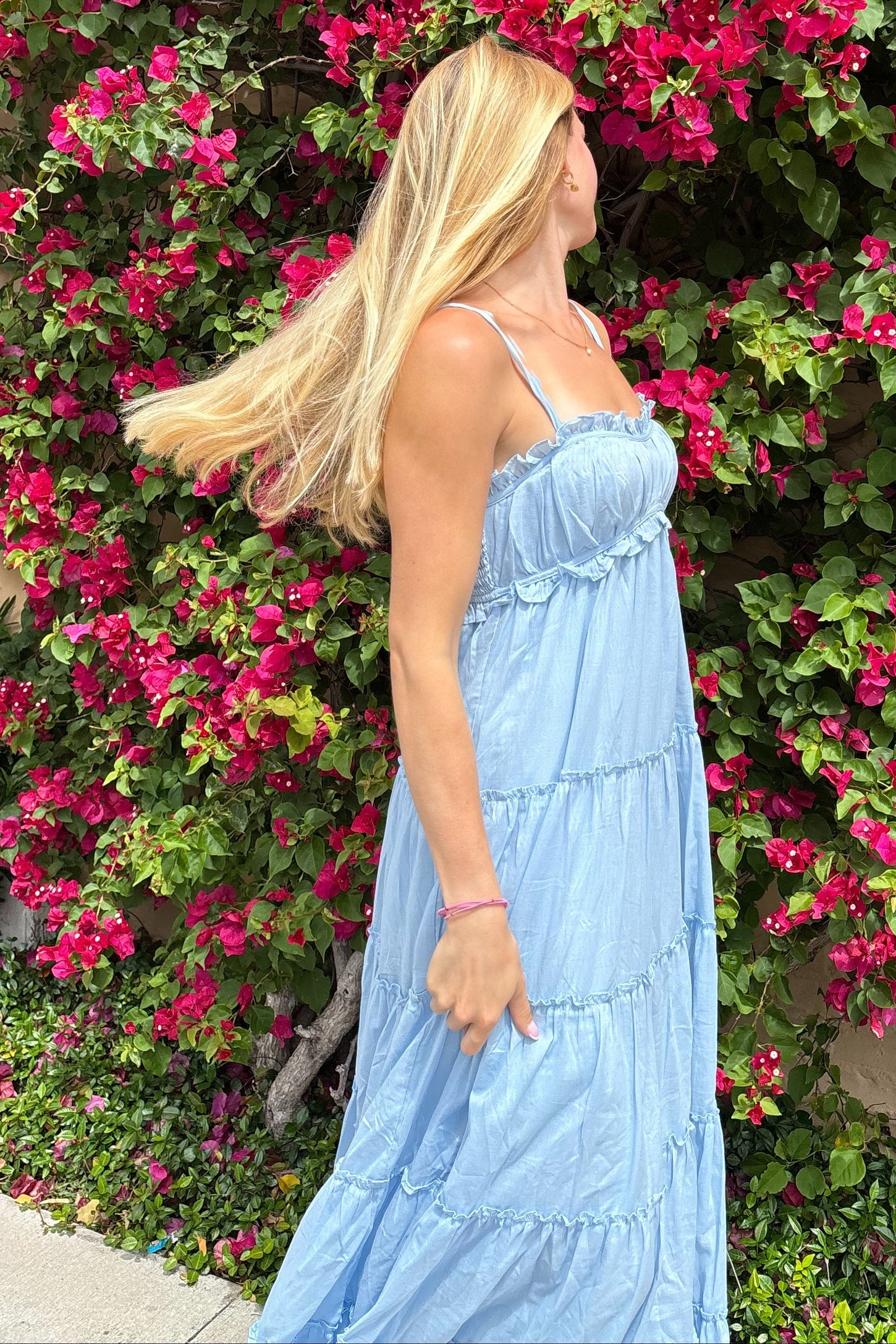 Light Blue Shirred Bust Ruffle Tiered Maxi Dress