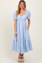 Light Blue Sweetheart Stripe Smocked Back Midi Dress