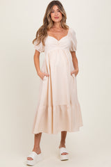 Beige Sweetheart Stripe Smocked Back Maternity Midi Dress