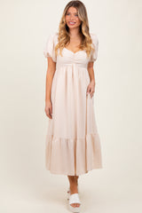 Beige Blue Sweetheart Stripe Smocked Back Midi Dress