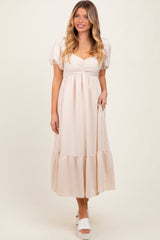 Beige Blue Sweetheart Stripe Smocked Back Midi Dress