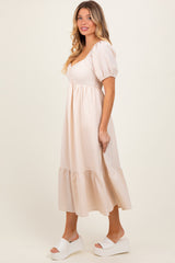 Beige Blue Sweetheart Stripe Smocked Back Midi Dress