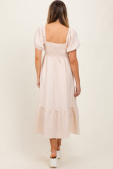 Beige Blue Sweetheart Stripe Smocked Back Midi Dress
