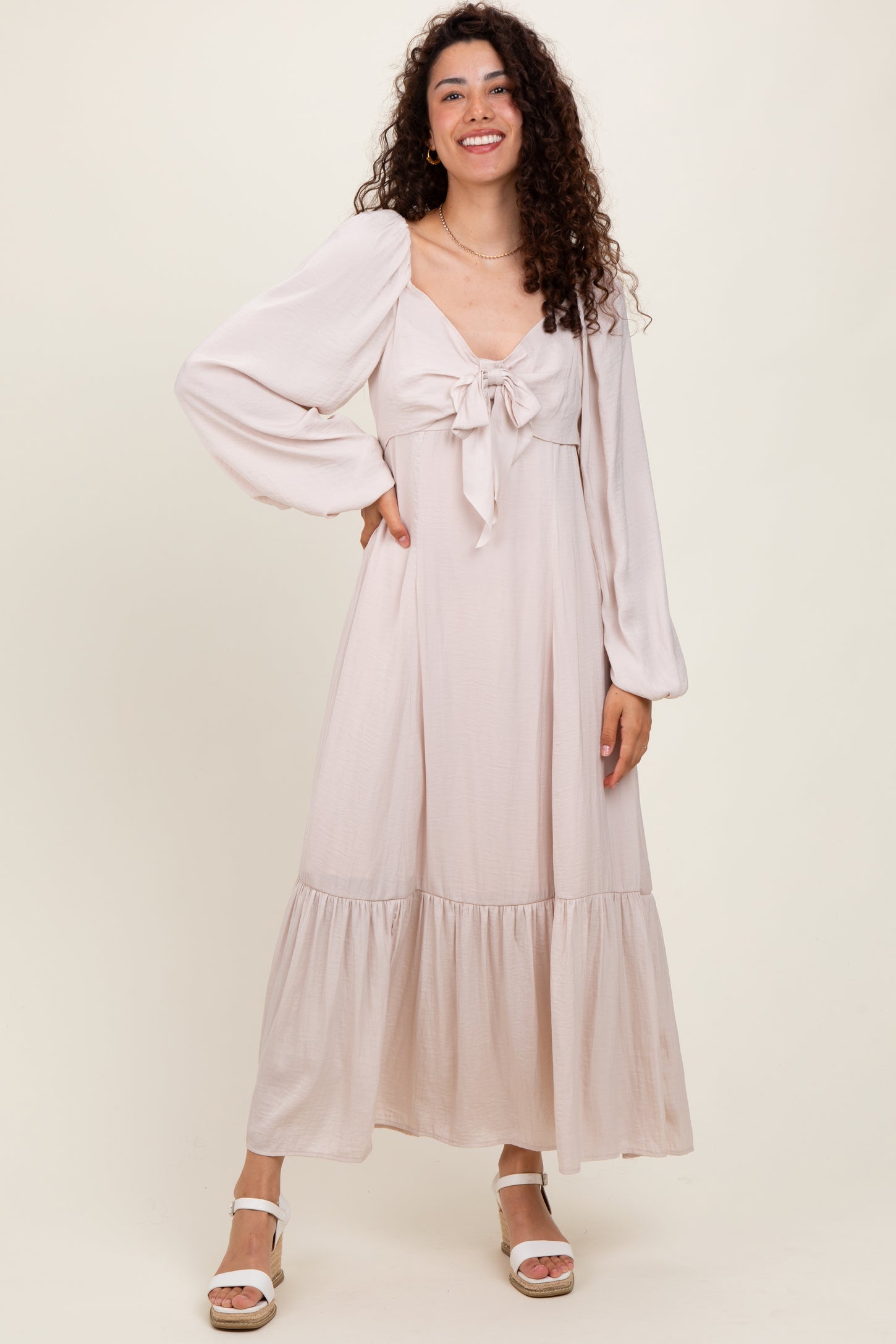Beige Bow Satin Maxi Dress