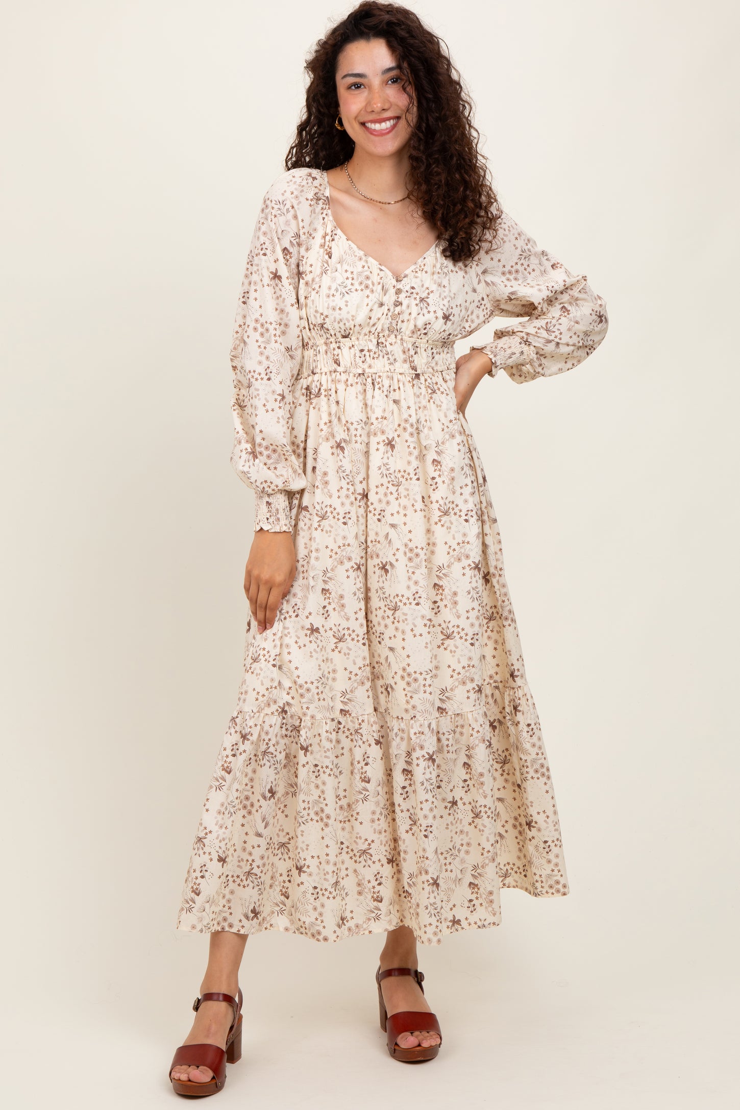 Cream Raglan Sleeve Floral Button Maxi Dress