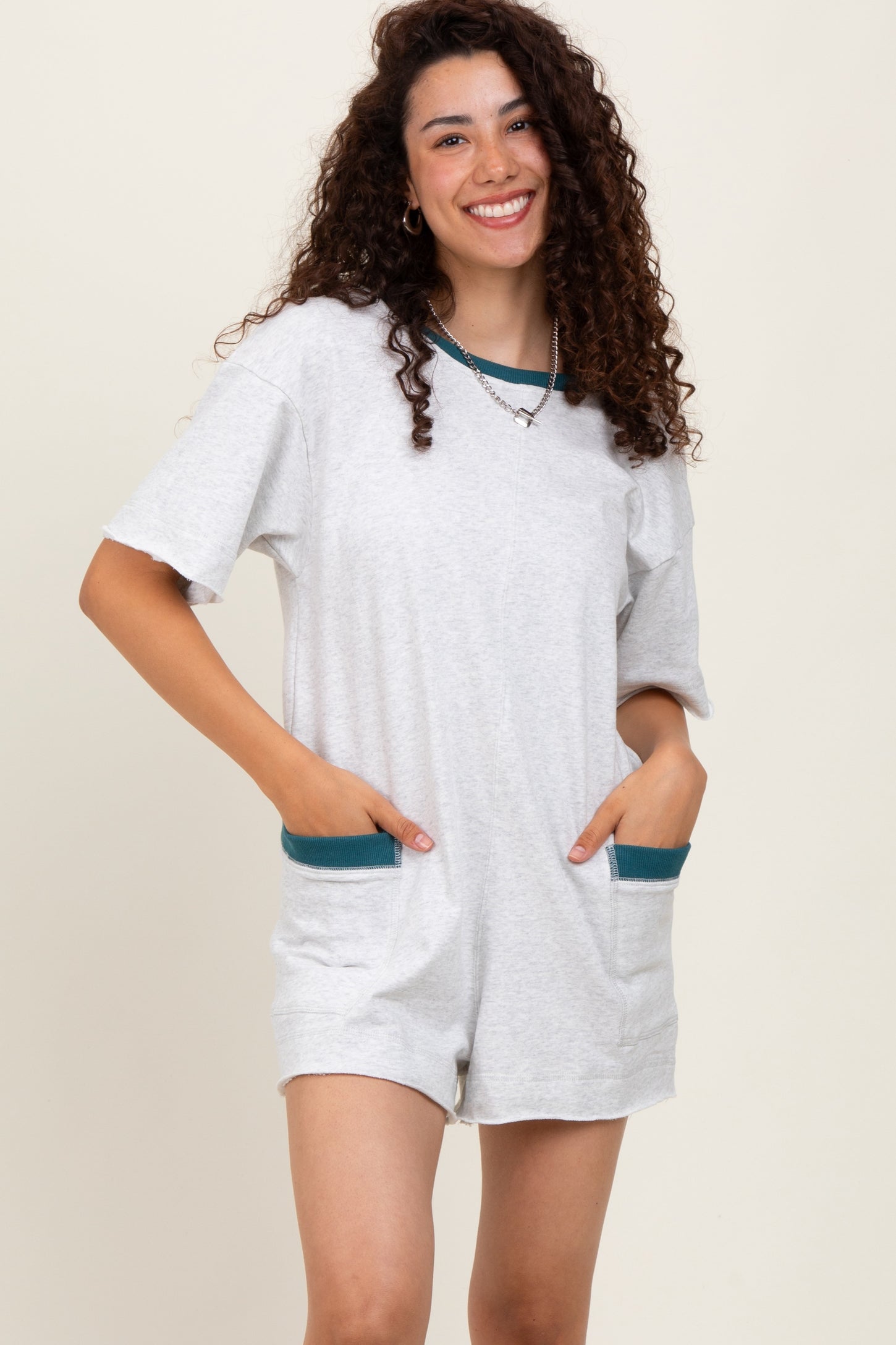 Heather Grey Cotton Terry Contrast Band Short Romper