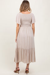 Cream Smocked Flutter Sleeve Midi Dress