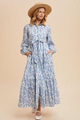 Light Blue Cotton Toile Print Button Down Maxi Dress