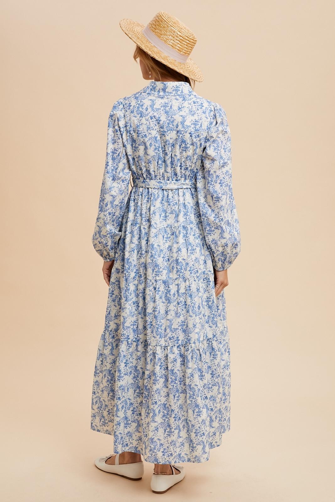Light Blue Cotton Toile Print Button Down Maxi Dress