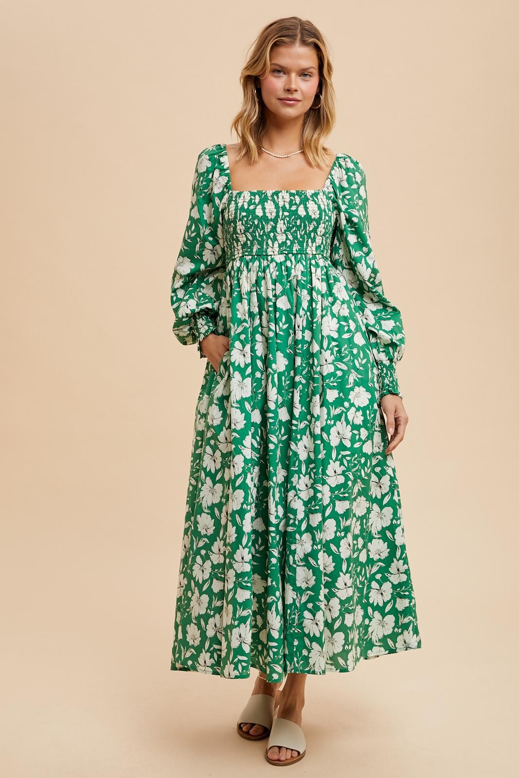 Green Smocked Cotton Floral Maxi Dress