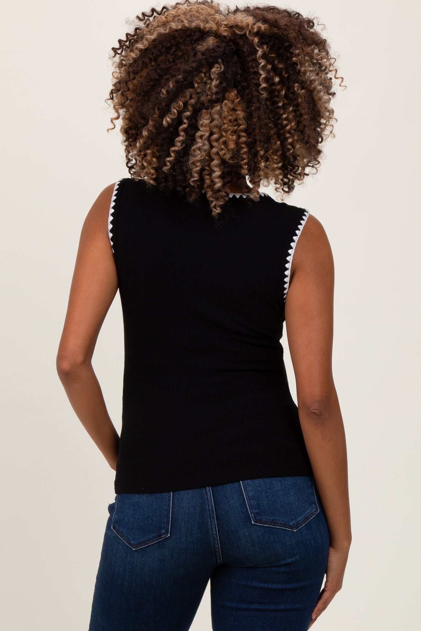 Black Ribbed Contrast Embroidered Sleeveless Maternity Top