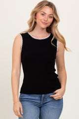 Black Ribbed Contrast Embroidered Sleeveless Top