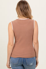 Black Ribbed Contrast Embroidered Sleeveless Top