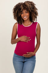 Magenta Ribbed Contrast Embroidered Sleeveless Maternity Top