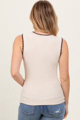 Cream Ribbed Contrast Embroidered Sleeveless Top