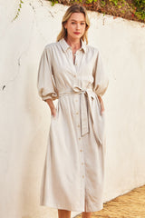 Beige 3/4 Bubble Sleeve Midi Shirt Dress