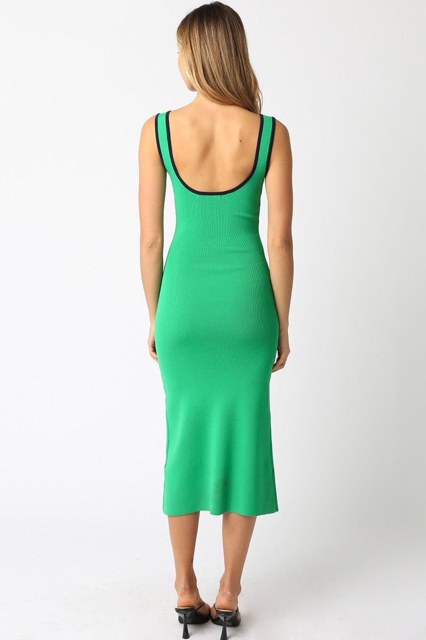 Green Knit Contrast Trim Square Neck Midi Dress