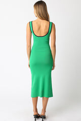 Green Knit Contrast Trim Square Neck Midi Dress