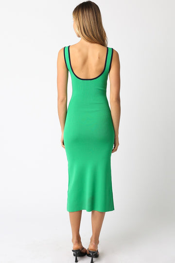 Green Knit Contrast Trim Square Neck Midi Dress
